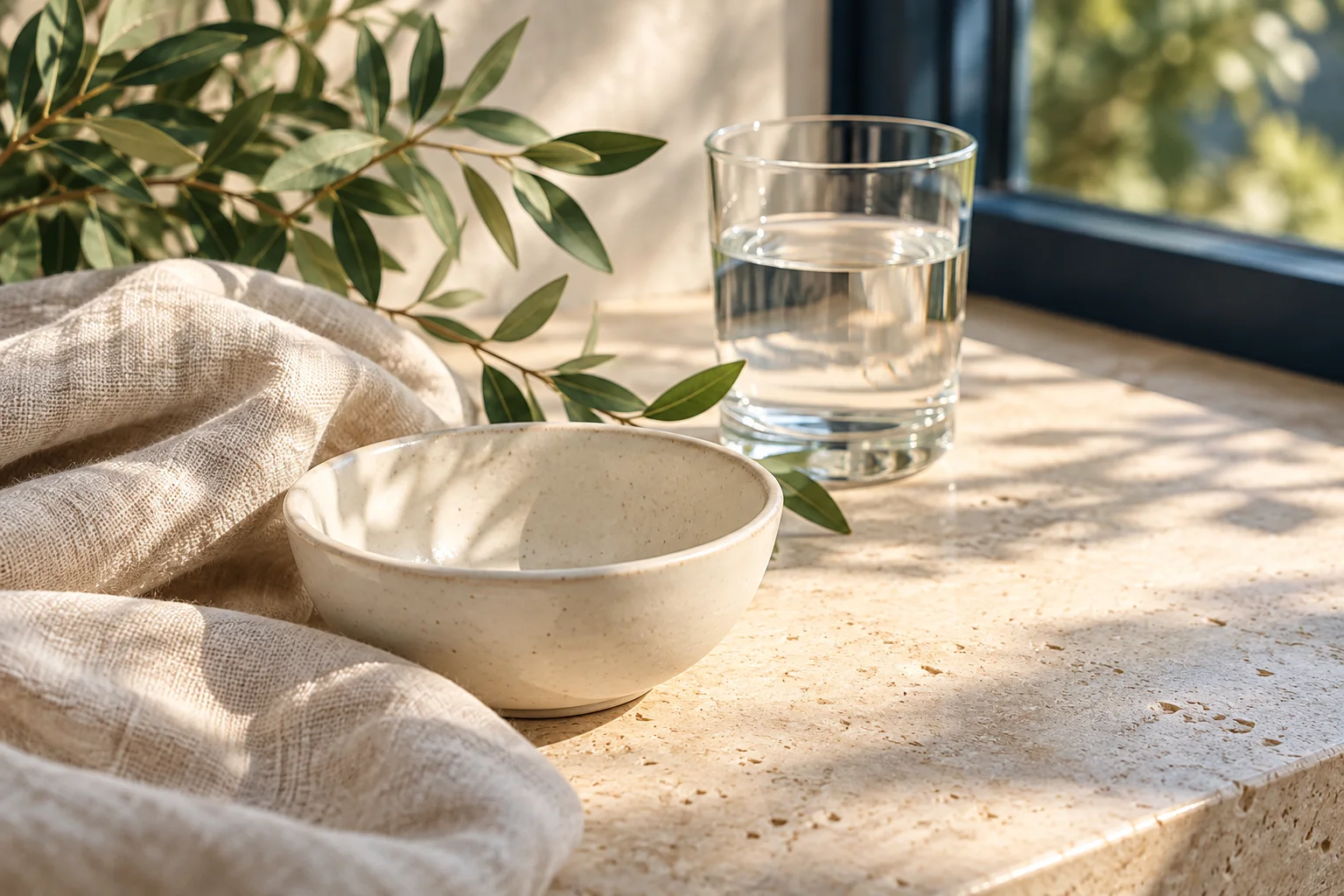 Natural linen, a ceramic bowl, water, and a green branch in soft window light
